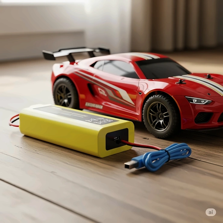 A rechargeable battery pack for a remote control car, shown next to the car to illustrate the long-lasting power and convenient charging feature for kids' toys.