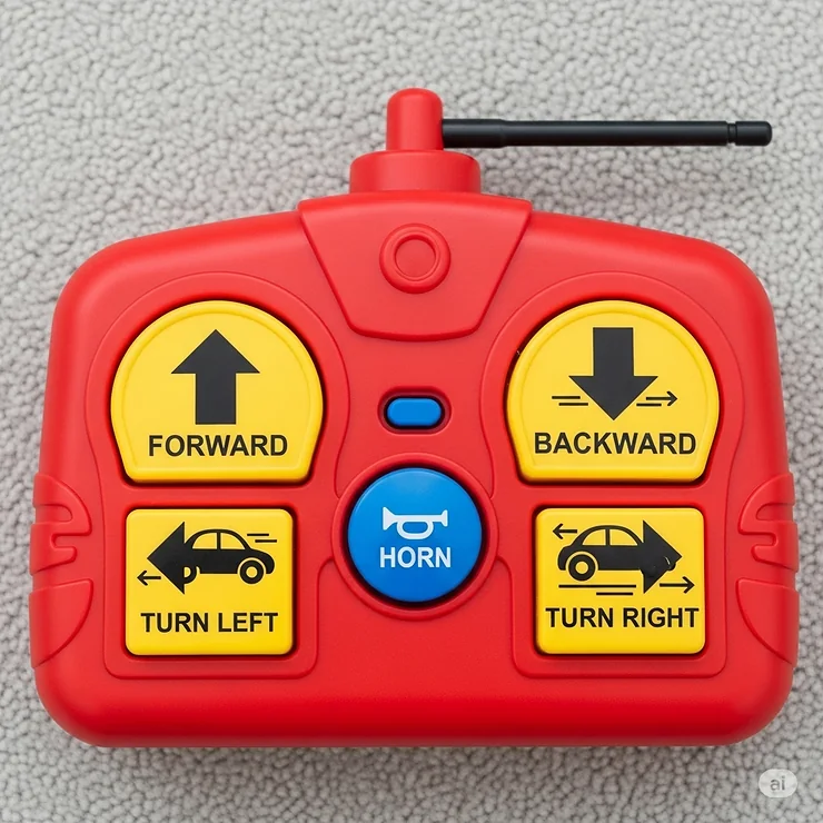 An overhead shot of a simple, kid-friendly remote control for a remote car, showing large, clearly marked buttons that are easy for a 5-year-old to operate.
