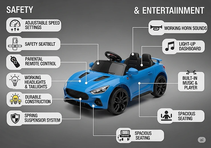 An infographic illustrating various safety and entertainment features of a remote-controlled ride-in car, such as adjustable speed, seatbelts, and working horns.