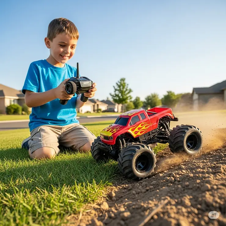 A wide-view shot of a child playing with a large, chunky monster truck remote control car, highlighting the popular vehicle type for 5-year-olds.