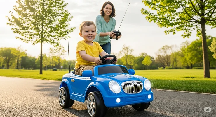 A child joyfully driving a blue remote-controlled ride-in car with a parent using the wireless remote control to steer it safely.
