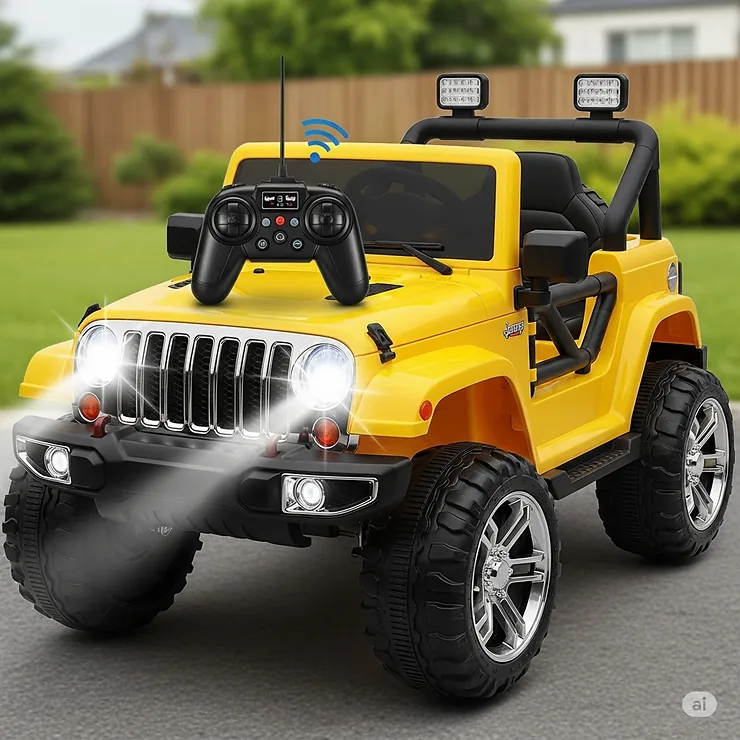 A detailed image of a yellow electric ride-on Jeep with big tires and working headlights, highlighting its included parental remote control.