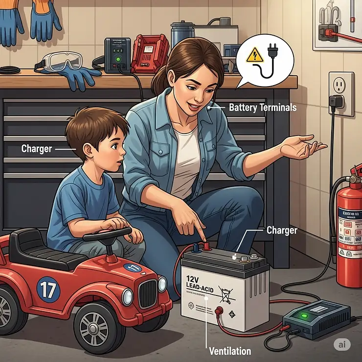 An illustration of a parent and child discussing the safety precautions to take when handling and charging a 12v battery for a ride-on toy.