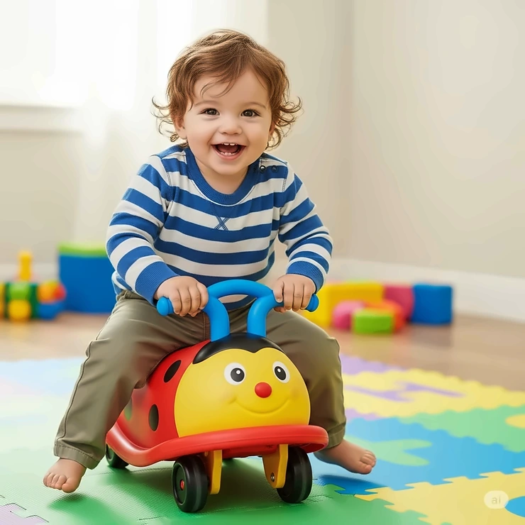 A happy 1-year-old toddler smiles while riding a bright yellow and red ride-on toy, pushing off with their feet on a soft play mat. ride on toys for 1 year old