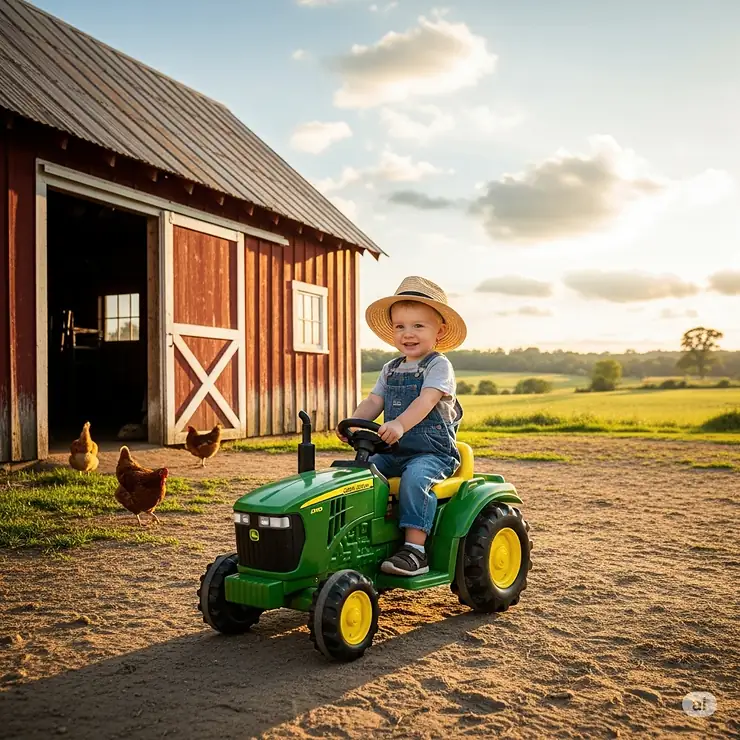 A little farmer on their battery-powered John Deere ride-on toy in front of a barn.