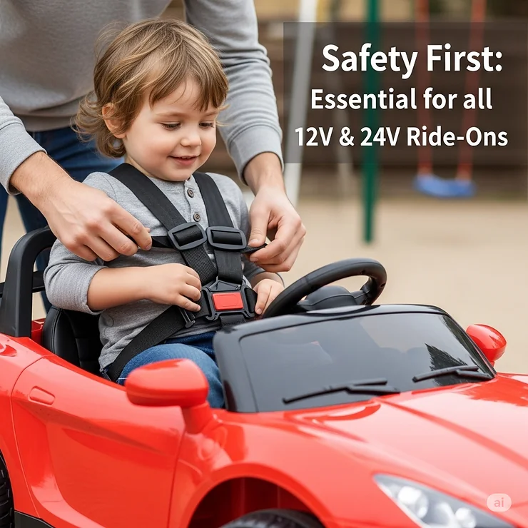 A parent adjusting the safety seatbelt on their child in a ride-on toy, emphasizing the importance of safety features for both 12V and 24V models.