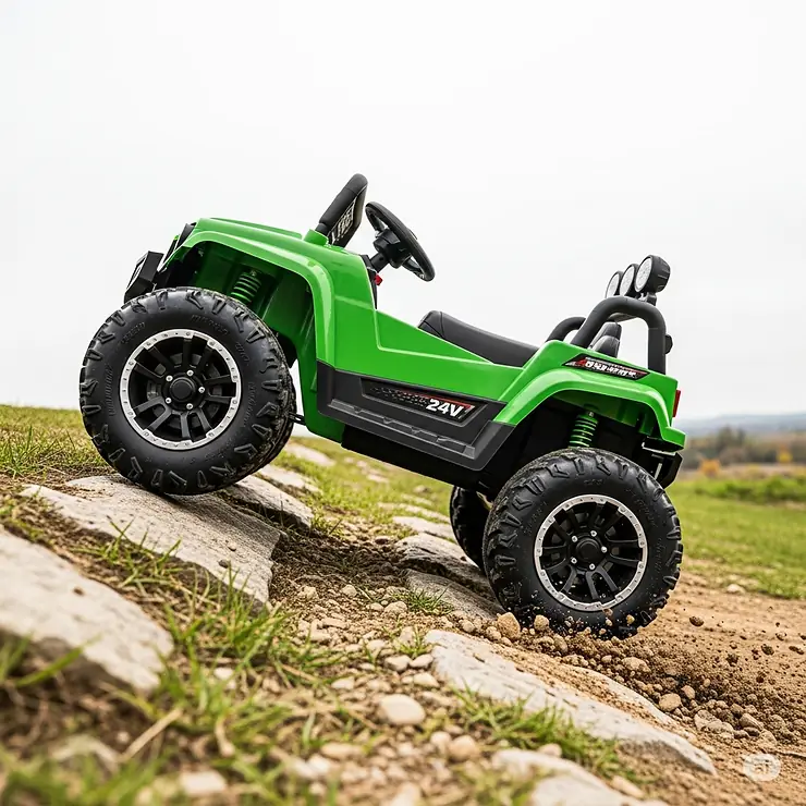 A 24V ride-on toy climbing a small, rocky path, demonstrating its superior traction and ability to handle more diverse terrain compared to a 12V model.