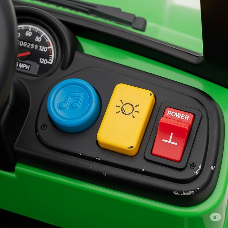 A close-up view of the dashboard of a child's ride-on truck, showing buttons for music, headlights, and a power switch.