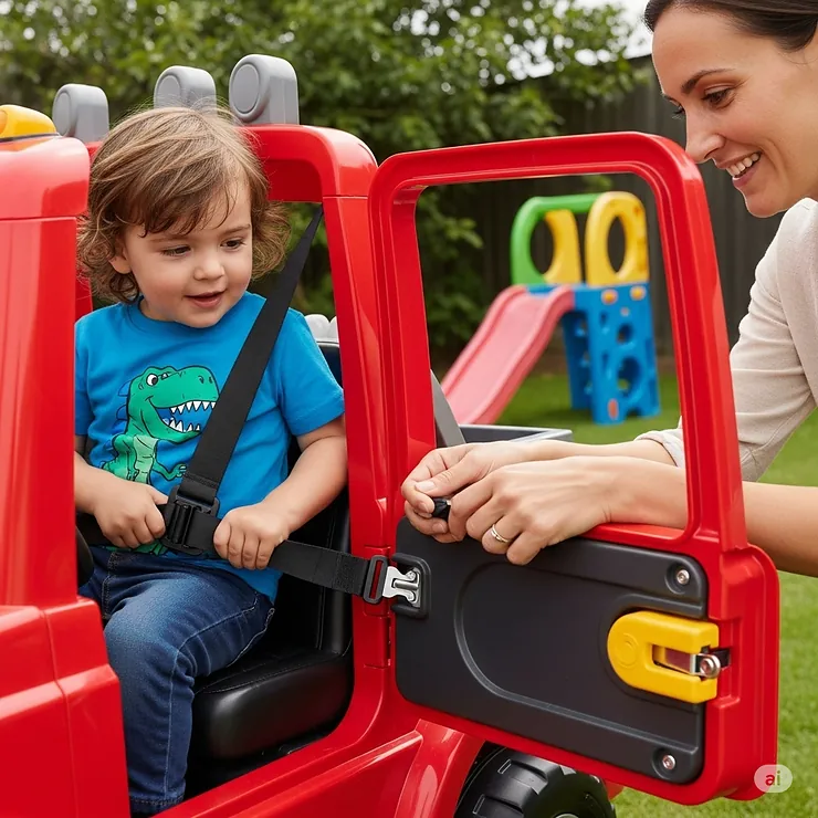 A parent buckles a child into their ride-on truck, showing the adjustable seatbelt and secure door locks.