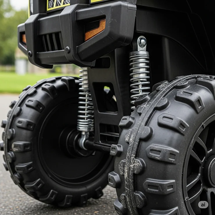 A detailed image of the durable, all-terrain wheels of a child's ride-on truck, highlighting the suspension system.