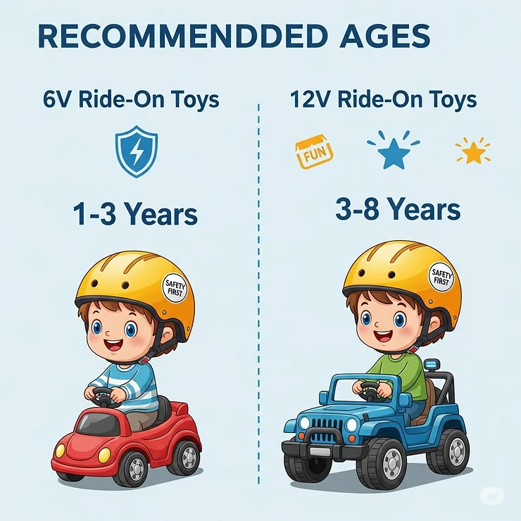 A diagram illustrating the recommended age ranges for both 6V and 12V battery-powered ride-on toys, with safety helmets shown for children.