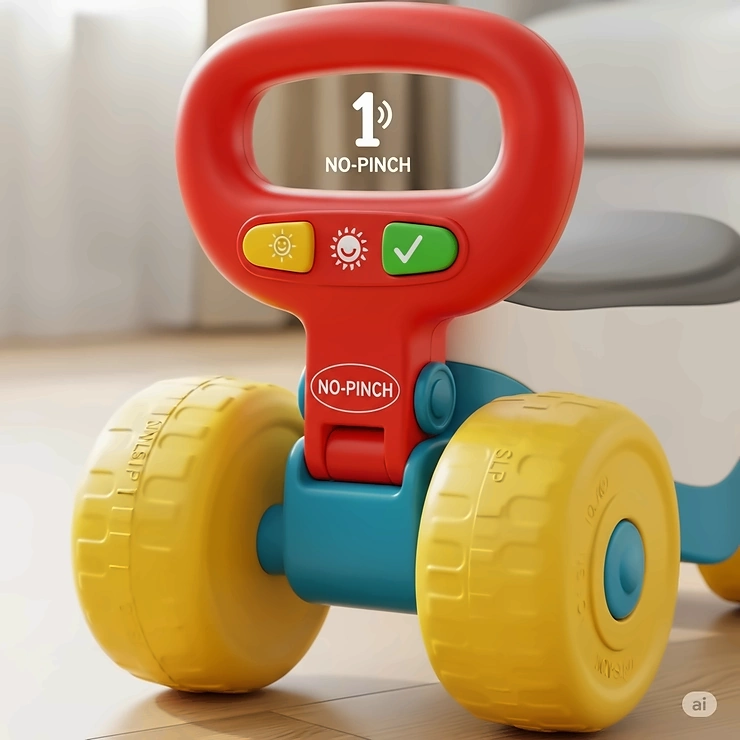 A detailed close-up of a ride-on toy's wide wheels and sturdy handle, highlighting important safety features for a 1-year-old.