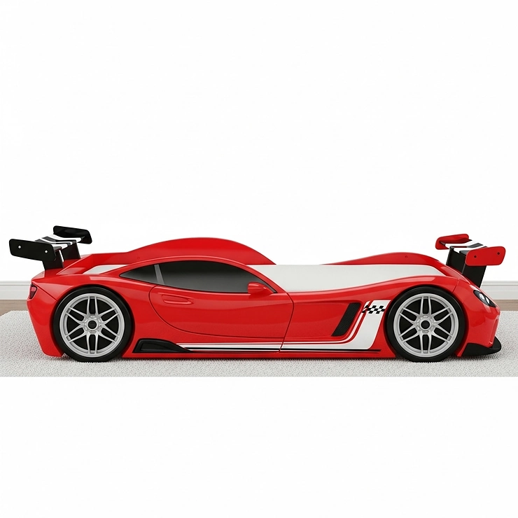 A full side view of a stylish racecar bed, detailing its aerodynamic shape and low profile, which makes it safe and accessible for kids.