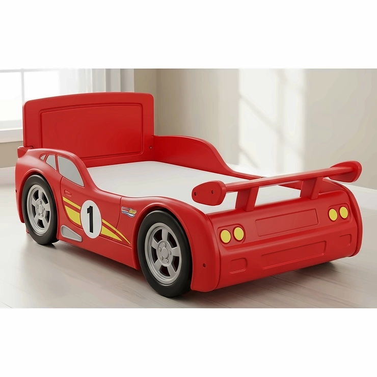 A simple, yet classic, red toddler race car bed design that fits a standard crib mattress.