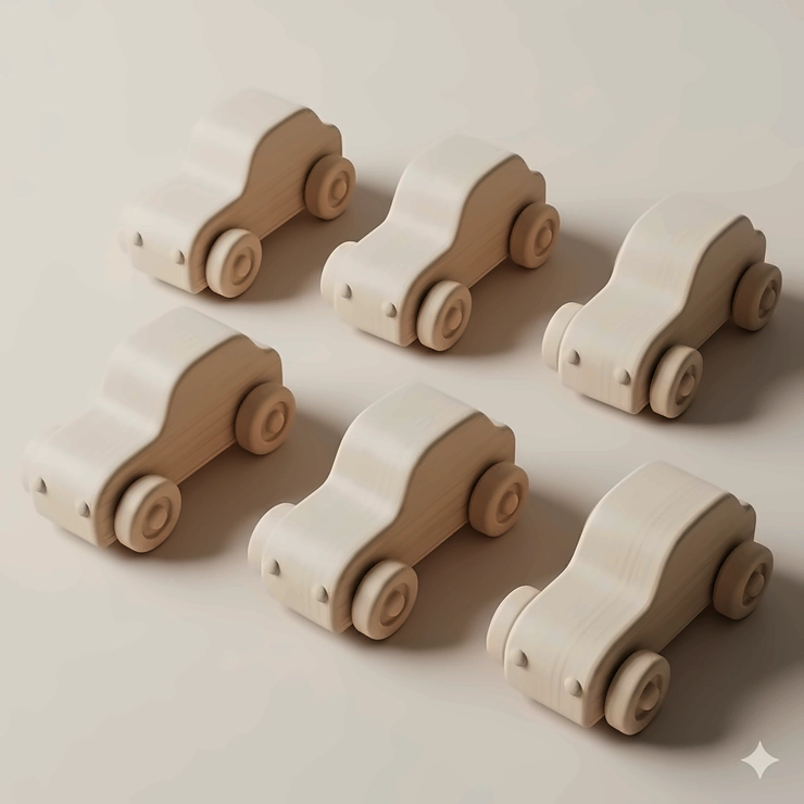 A set of simple, unfinished wooden cars, perfect for painting and personalization, arranged neatly on a light-colored background.
