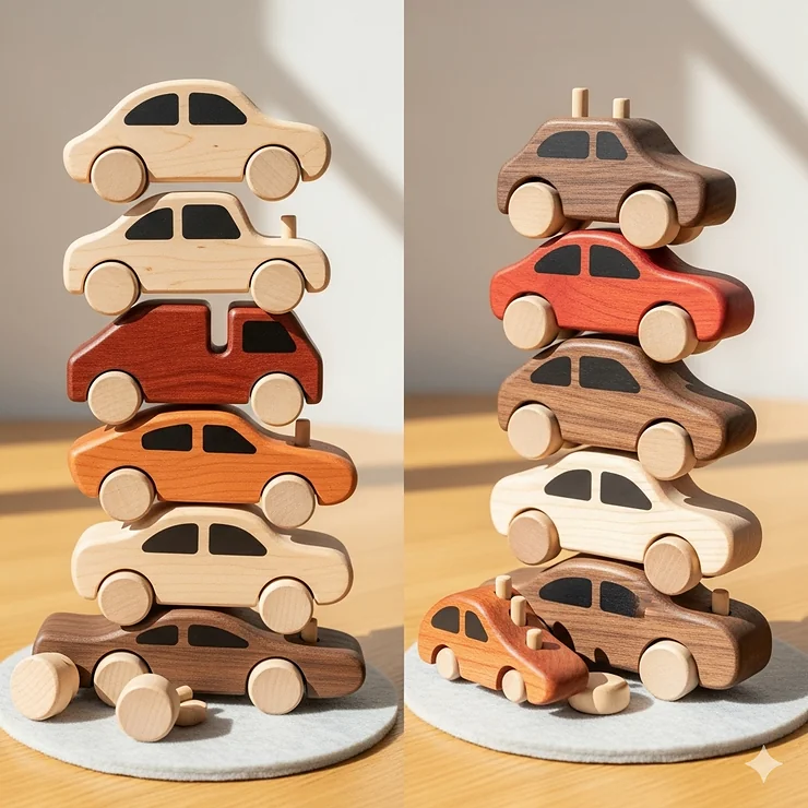 A unique set of stackable wooden toy cars, demonstrating their versatility and creative design.
