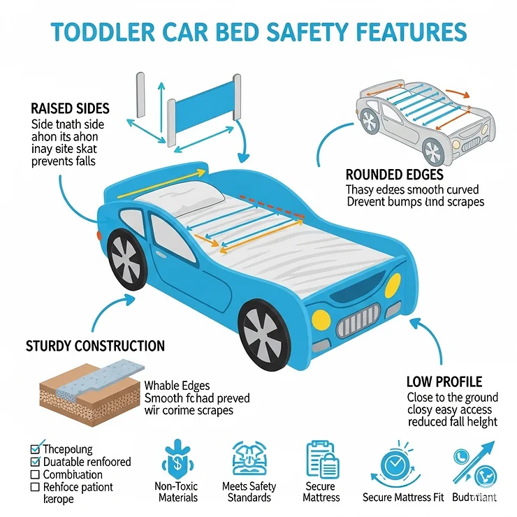 An infographic illustrating the safety features of a toddler car bed, including raised sides and rounded edges for child safety.