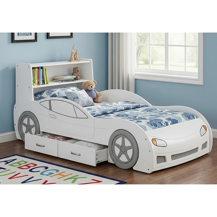 A white toddler car bed with built-in storage drawers and shelves, showcasing its practical design for a child's bedroom.