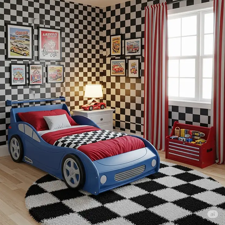 A vibrant bedroom with a race car theme, featuring a blue toddler car bed, checkered flag wallpaper, and matching decor.