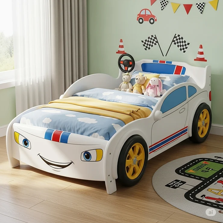 A white toddler car bed with a fun design, perfect for a young child's bedroom.