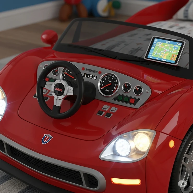 A close-up of a toddler car bed, showcasing working LED headlights and a realistic dashboard design.