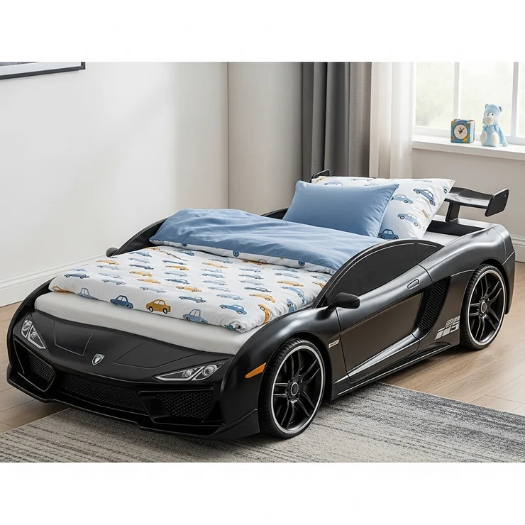 A stylish black sports car toddler bed shown with a standard-sized mattress and comfortable bedding, ready for a good night's sleep.