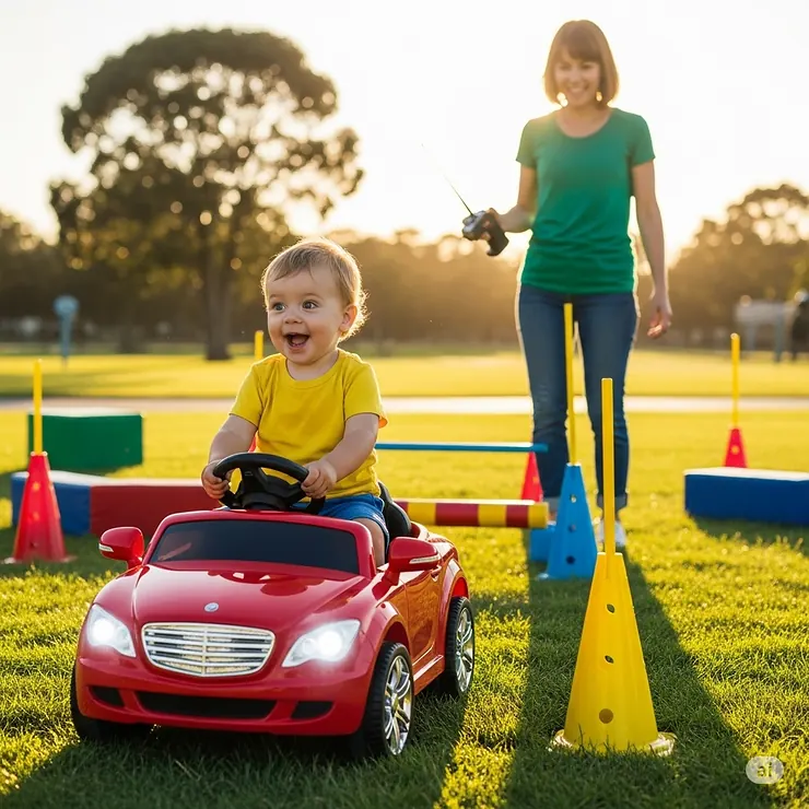 A toddler sitting in a red electric car, while their parent uses a remote to steer the vehicle around obstacles in a park.