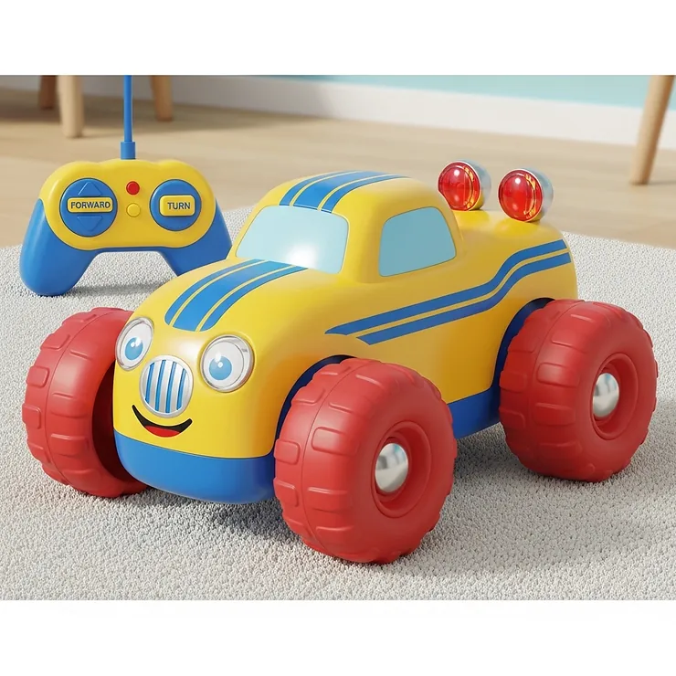An image of a simple, brightly colored remote control car with large wheels and minimal small parts, specifically designed to be safe and engaging for younger children around the age of five.