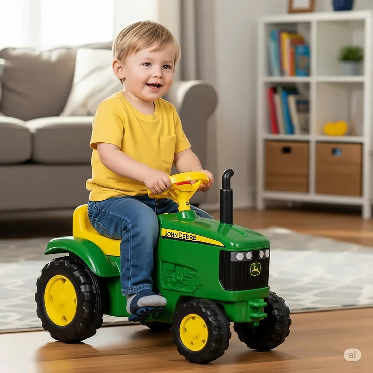 A toddler boy playing with a durable John Deere plastic ride-on toy tractor indoors.