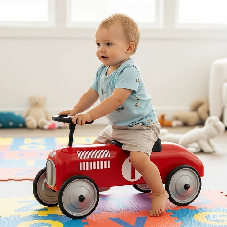 A 1-year-old toddler holds the steering wheel of a red classic push car ride-on toy, learning to propel themself forward.