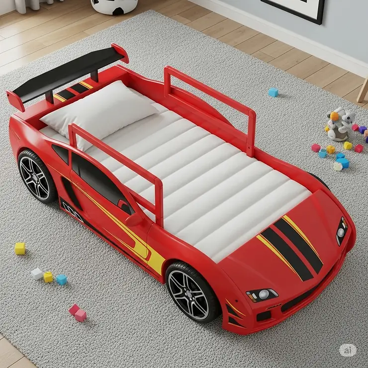 An overhead view of a toddler race car bed, showcasing its generous size and sturdy guardrails for a secure sleeping environment.