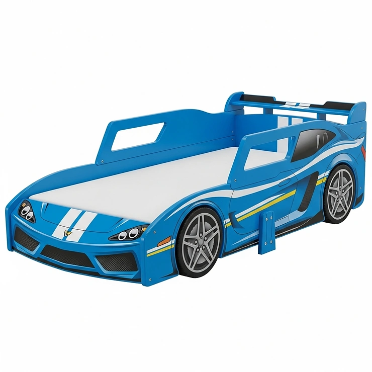 A low-profile toddler racing car bed in blue, designed with safety rails and a fun sports car shape, ideal for younger children transitioning to a big bed.