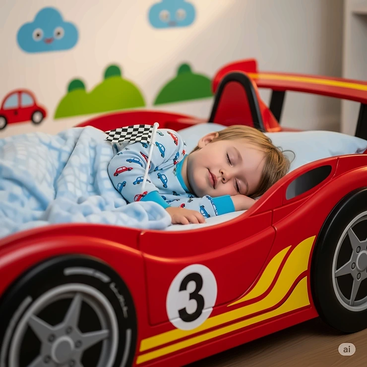 A peaceful toddler sleeping soundly in a fun race car-themed bed, demonstrating the bed's comfort and safety.