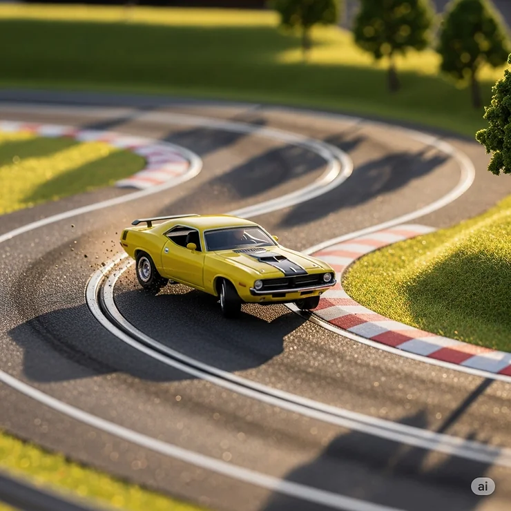 An action shot of a yellow toy muscle car appearing to drift on a miniature racetrack, capturing the excitement of racing.