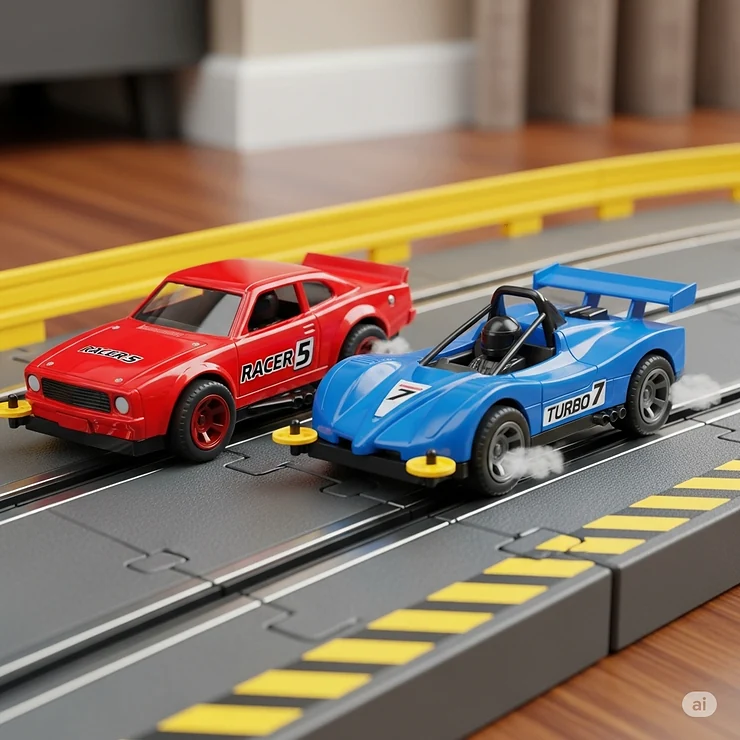 Two toy race cars speeding down a miniature track.