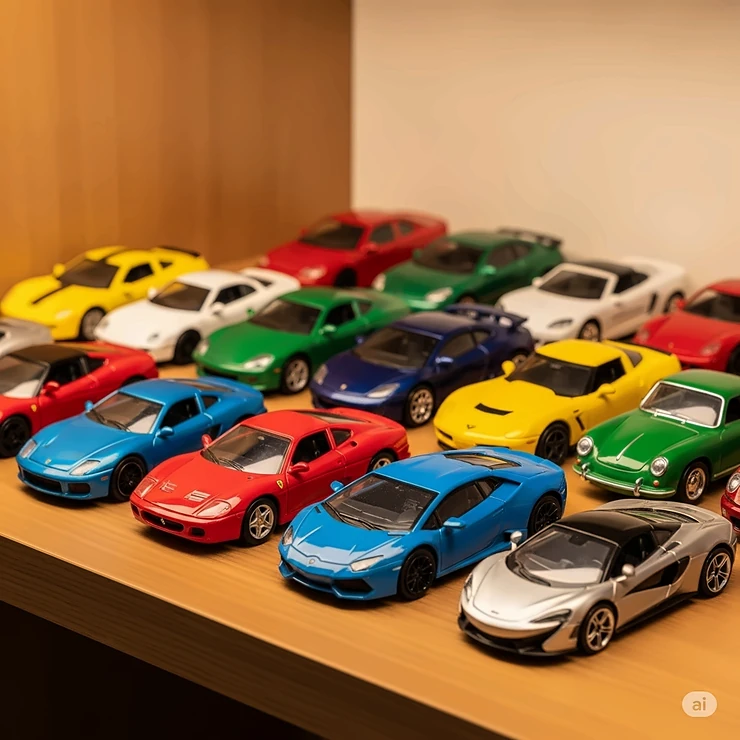 A vibrant collection of toy sports cars neatly arranged on a shelf. The collection includes various models and colors.