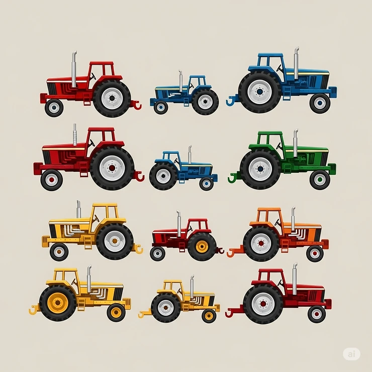 A flat-lay illustration showing a collection of different toy pulling tractors of various colors and sizes.