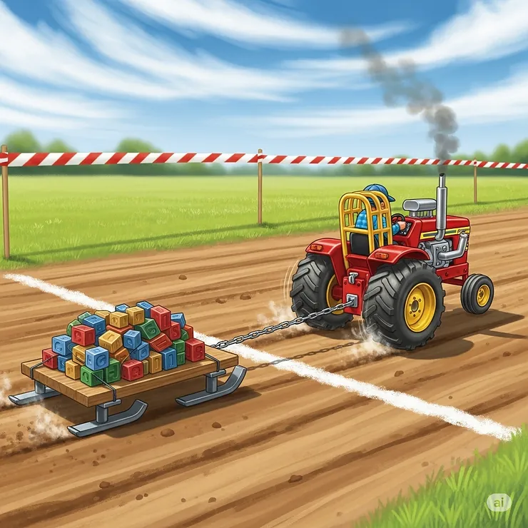 A dynamic illustration of a toy pulling tractor straining to pull a weighted sled across a finish line.