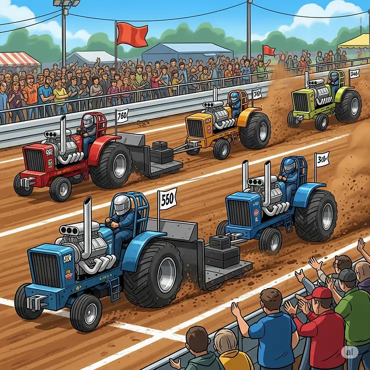 Illustration of multiple toy pulling tractors competing on a track with cheering spectators.