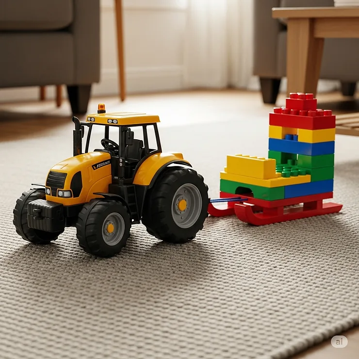 A large yellow toy tractor pulling a sled made of blocks across a living room rug.