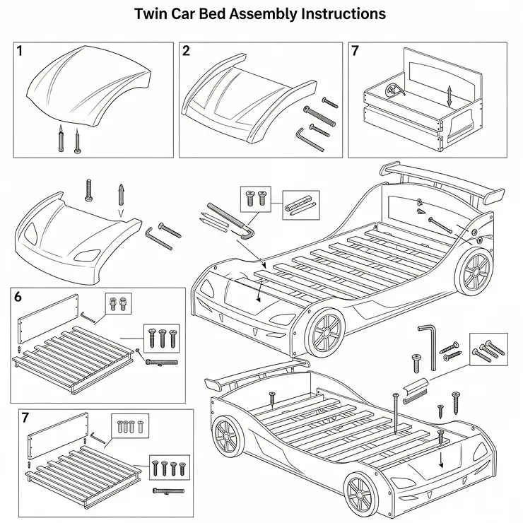 A diagram showing step-by-step assembly instructions for a twin car bed, including all hardware and parts.