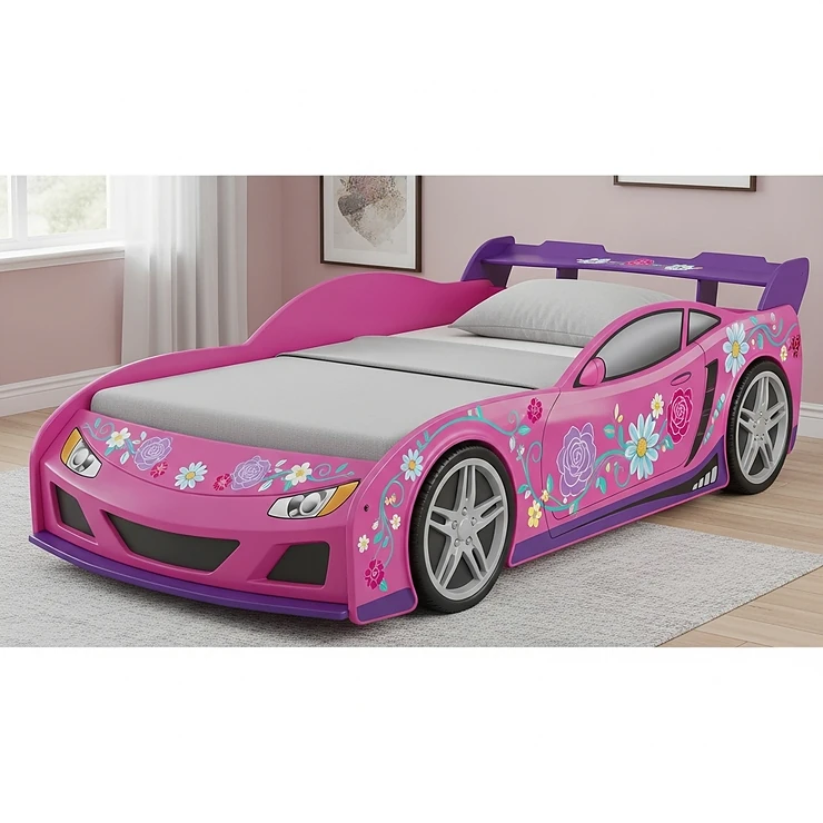 A pink and purple twin car bed with floral decals, designed to appeal to girls who love cars and racing.