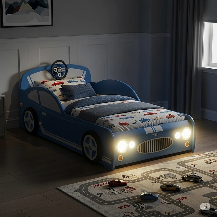 A blue twin car bed featuring working LED headlights that can be used as a nightlight.