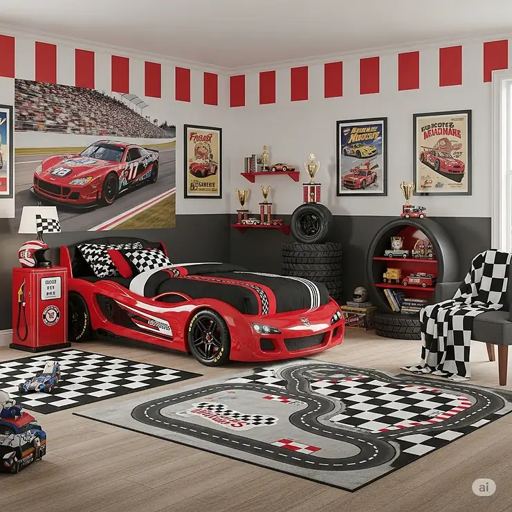 A boys' bedroom decorated with a racing theme, centered around a stylish red and black twin race car bed.