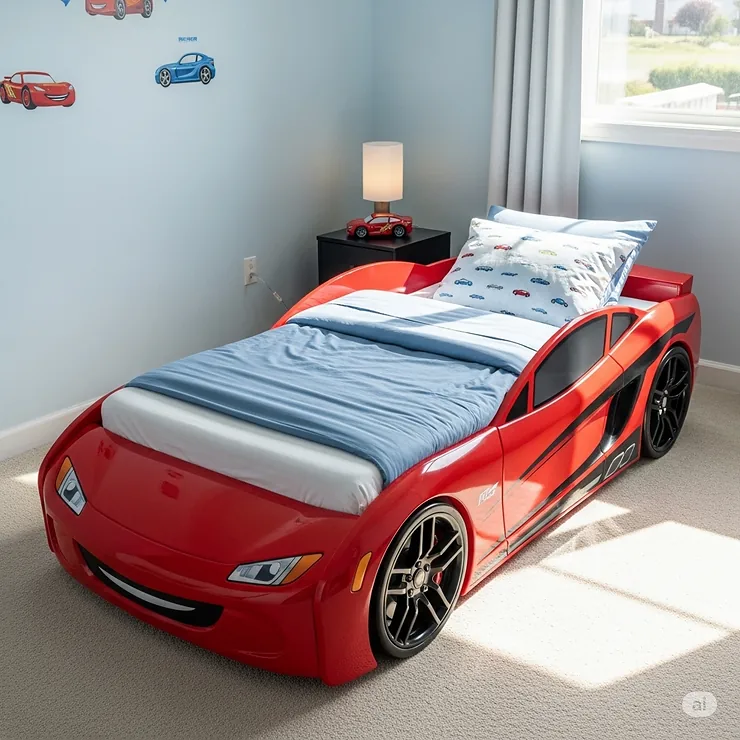 A twin-size car bed that includes a comfortable mattress, ready for immediate use.