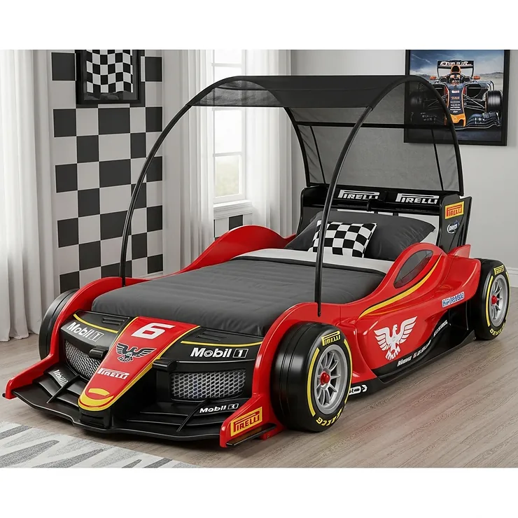 A twin-size car bed that looks like a Formula One racing car, complete with a canopy and realistic decals, perfect for an older child.
