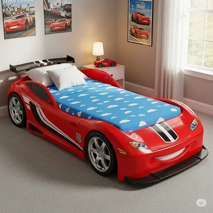 A comfortable twin-size racecar bed is shown with a fitted mattress, ready for a child to sleep in.