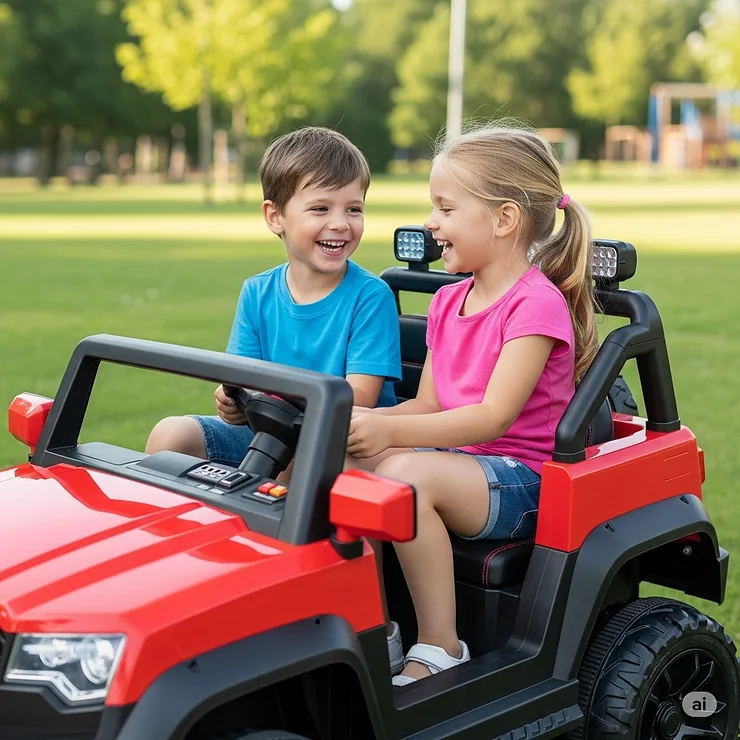 Two children laugh while taking turns in a two-seater electric toy truck, showcasing its spacious design.