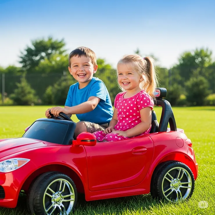 Two children smiling and sitting comfortably in a two-seater remote-controlled ride-in car, which is parked on a grassy lawn.