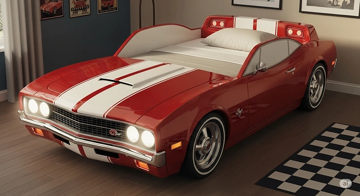 A high-quality illustration of a vintage-style car bed with classic car details, ideal for a retro-themed boys' room.